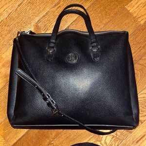 Tommy Hilfiger Black Pebbled Leather Tote with Crossbody Strap